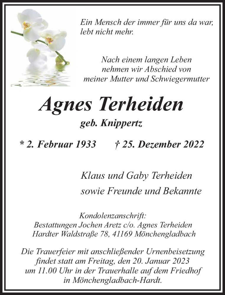  Traueranzeige für Agnes Terheiden vom 15.01.2023 aus trauer.extra-tipp-moenchengladbach.de