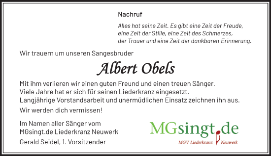 Traueranzeige von Albert Obels von trauer.extra-tipp-moenchengladbach.de