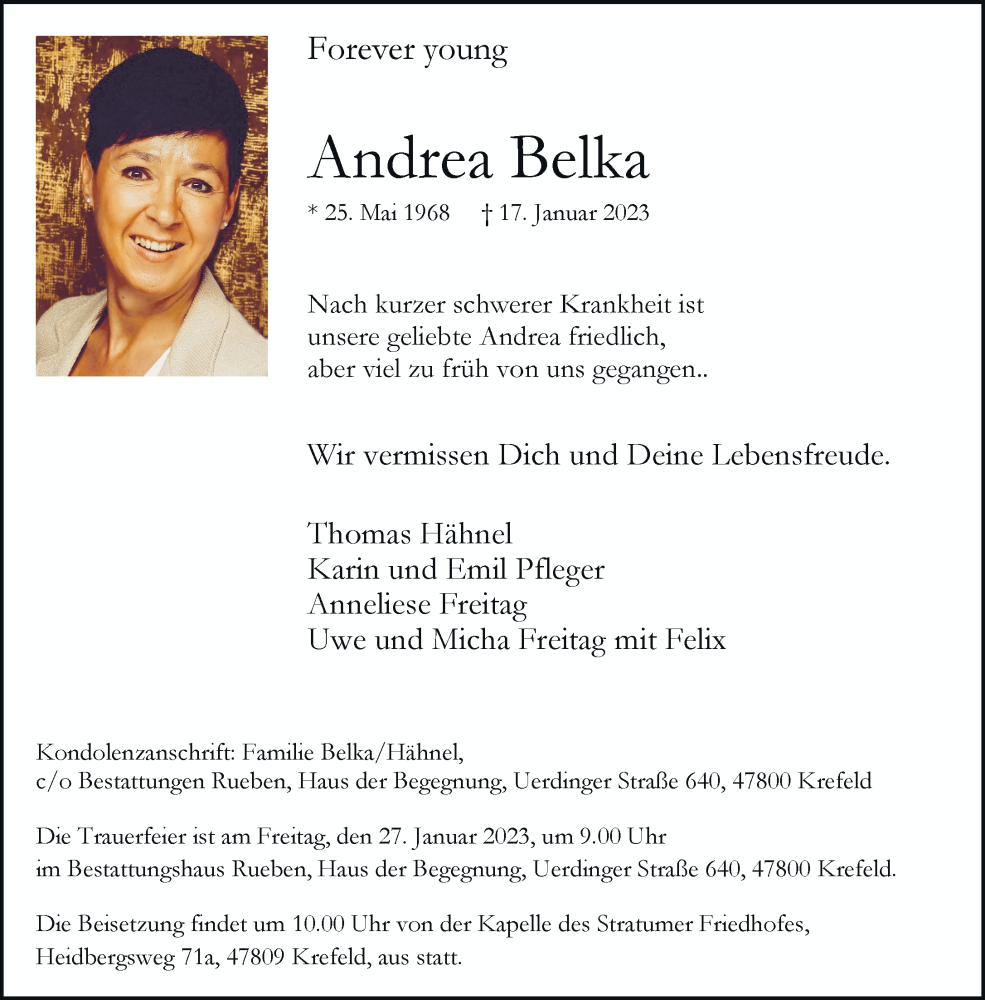  Traueranzeige für Andrea Belka vom 22.01.2023 aus trauer.mein.krefeld.de