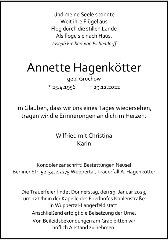 Traueranzeige von Annette Hagenkötter von trauer.wuppertaler-rundschau.de