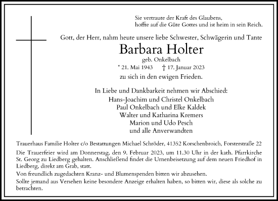 Traueranzeige von Barbara Holter von trauer.extra-tipp-moenchengladbach.de