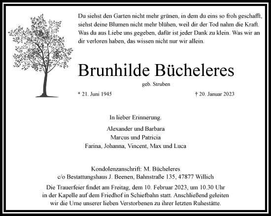 Traueranzeige von Brunhilde Bücheleres von trauer.extra-tipp-moenchengladbach.de