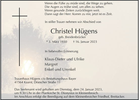 Traueranzeige von Christel Hügens von trauer.extra-tipp-moenchengladbach.de