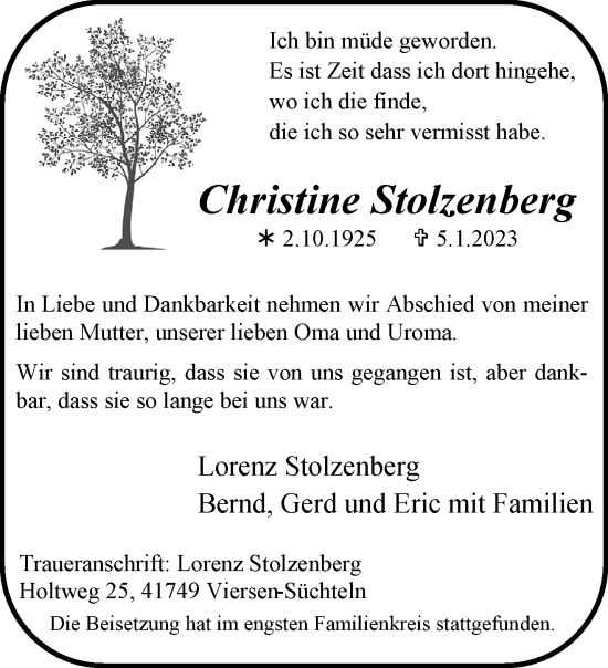 Traueranzeige von Christine Stolzenberg von trauer.extra-tipp-moenchengladbach.de