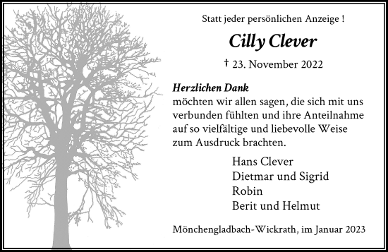 Traueranzeige von Cilly Clever von trauer.extra-tipp-moenchengladbach.de