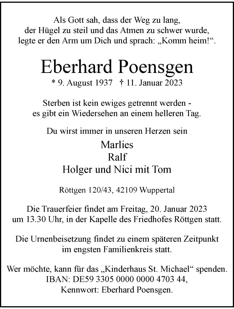  Traueranzeige für Eberhard Poensgen vom 14.01.2023 aus trauer.wuppertaler-rundschau.de