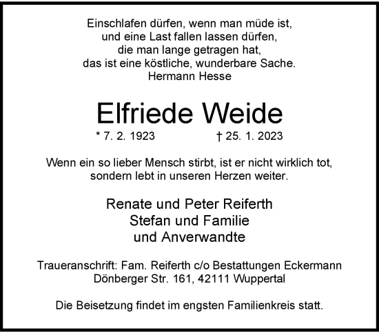 Traueranzeige von Elfriede Weide von trauer.wuppertaler-rundschau.de