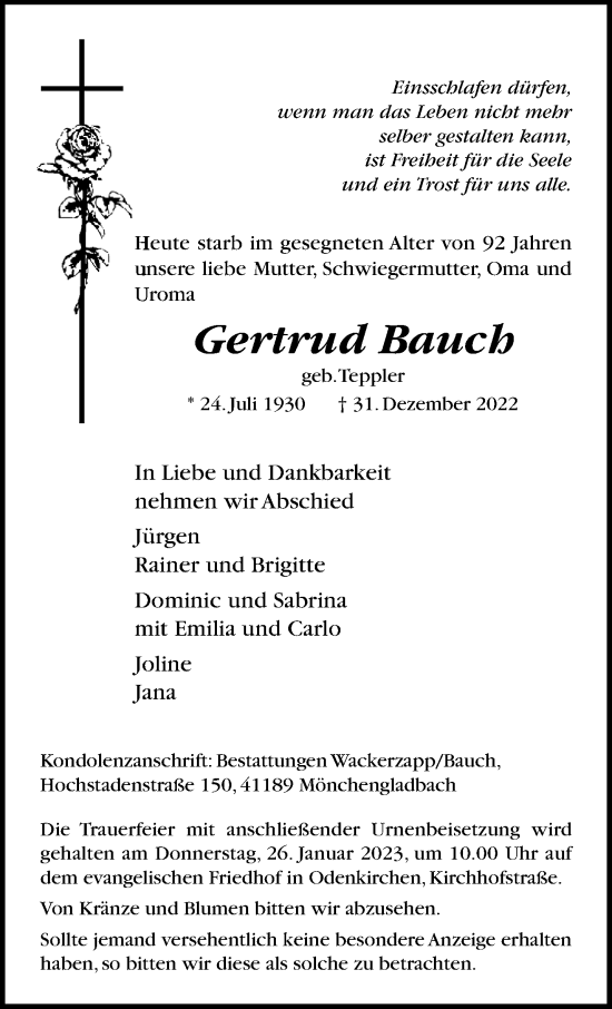 Traueranzeige von Gertrud Bauch von trauer.extra-tipp-moenchengladbach.de