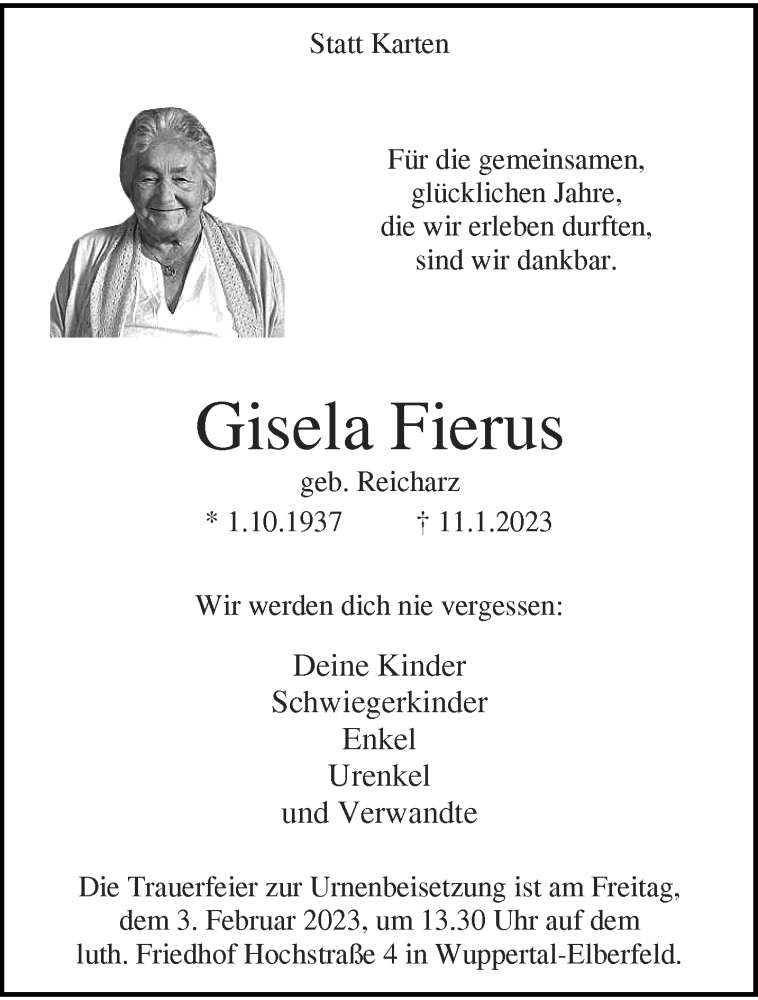  Traueranzeige für Gisela Fierus vom 21.01.2023 aus trauer.wuppertaler-rundschau.de