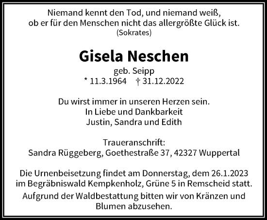 Traueranzeige von Gisela Neschen von trauer.wuppertaler-rundschau.de