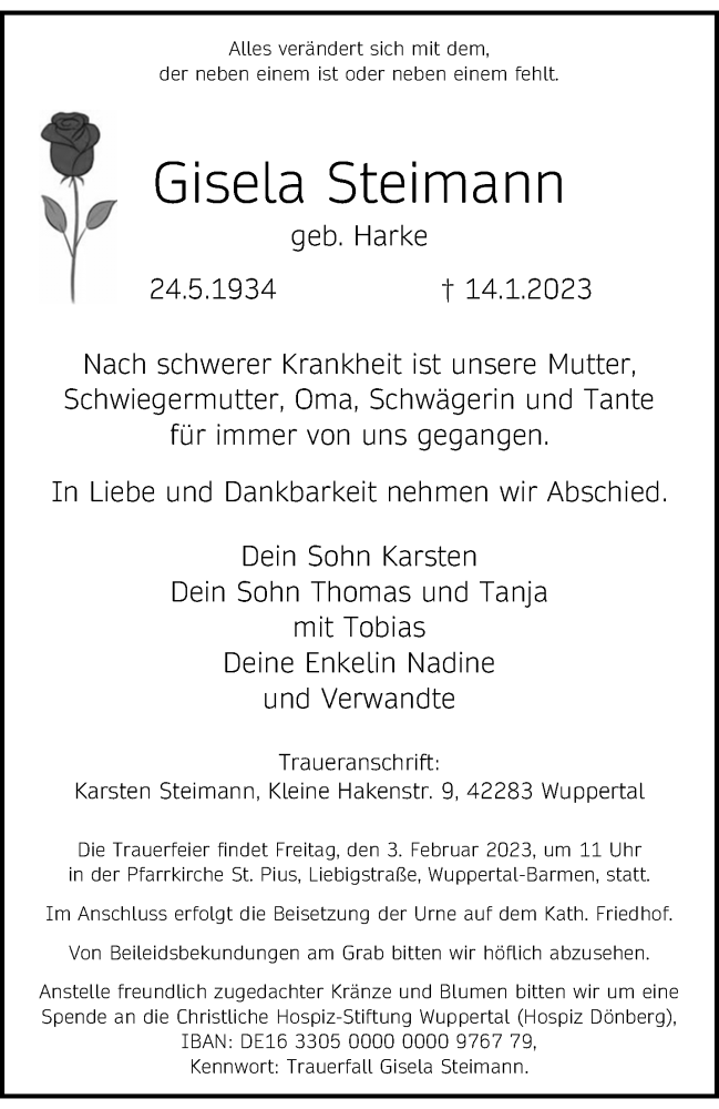  Traueranzeige für Gisela Steimann vom 21.01.2023 aus trauer.wuppertaler-rundschau.de