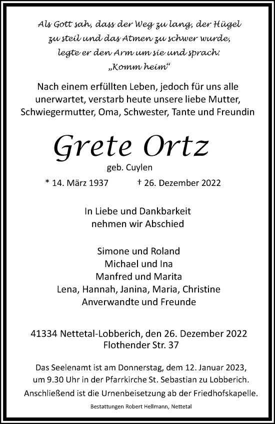 Traueranzeige von Grete Ortz von trauer.extra-tipp-moenchengladbach.de