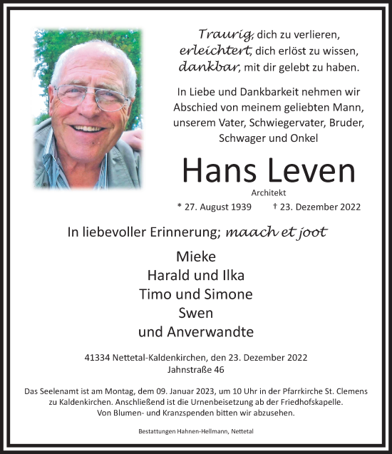 Traueranzeige von Hans Leven von trauer.extra-tipp-moenchengladbach.de