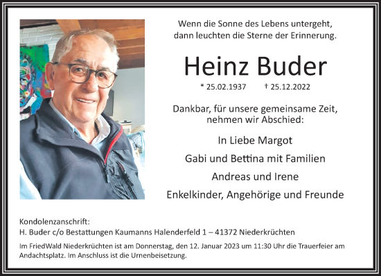 Traueranzeige von Heinz Buder von trauer.extra-tipp-moenchengladbach.de