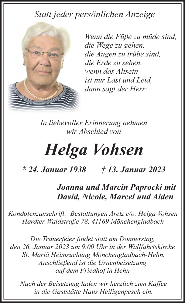  Traueranzeige für Helga Vohsen vom 22.01.2023 aus trauer.extra-tipp-moenchengladbach.de
