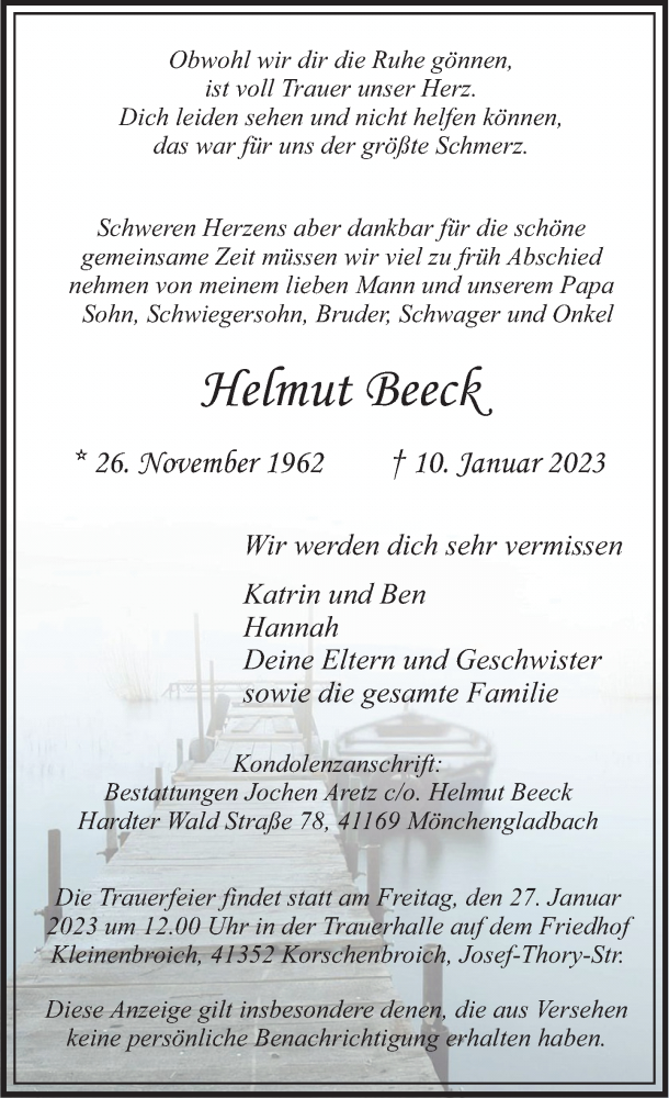  Traueranzeige für Helmut Beeck vom 22.01.2023 aus trauer.extra-tipp-moenchengladbach.de