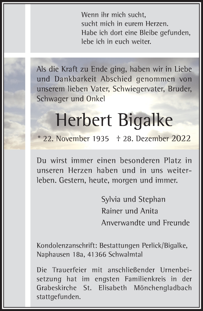  Traueranzeige für Herbert Bigalke vom 22.01.2023 aus trauer.extra-tipp-moenchengladbach.de