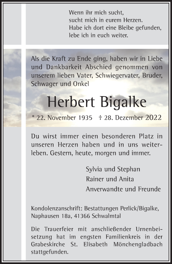 Traueranzeige von Herbert Bigalke von trauer.extra-tipp-moenchengladbach.de