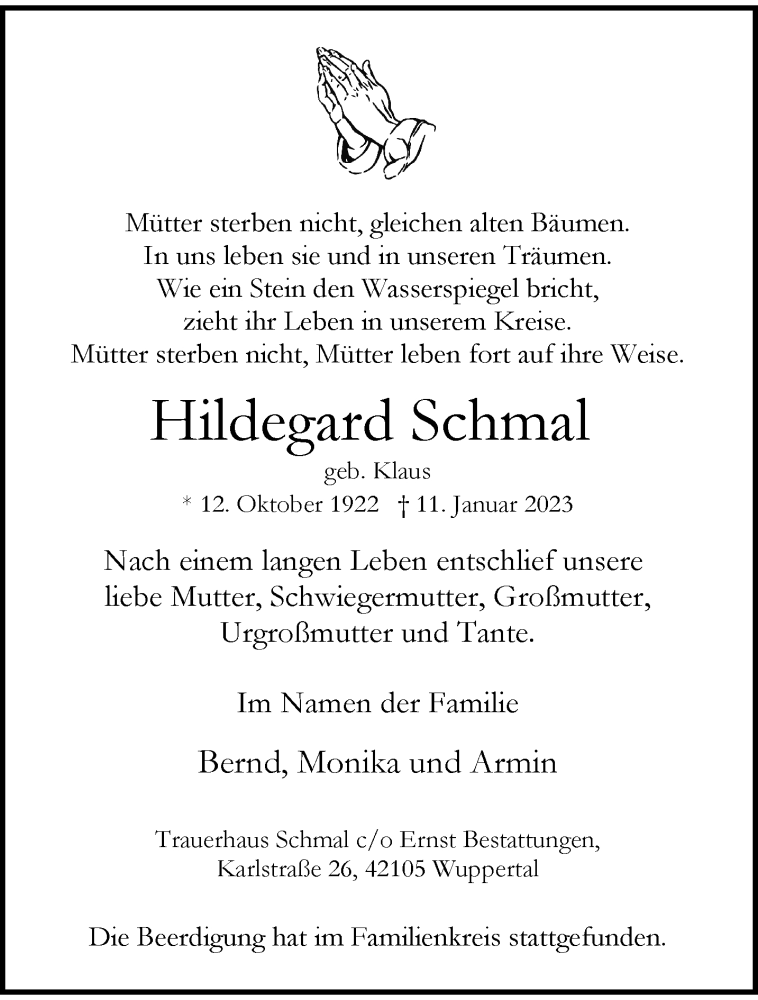  Traueranzeige für Hildegard Schmal vom 21.01.2023 aus trauer.wuppertaler-rundschau.de