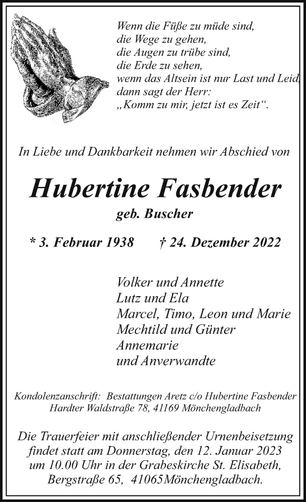  Traueranzeige für Hubertine Fasbender vom 08.01.2023 aus trauer.extra-tipp-moenchengladbach.de