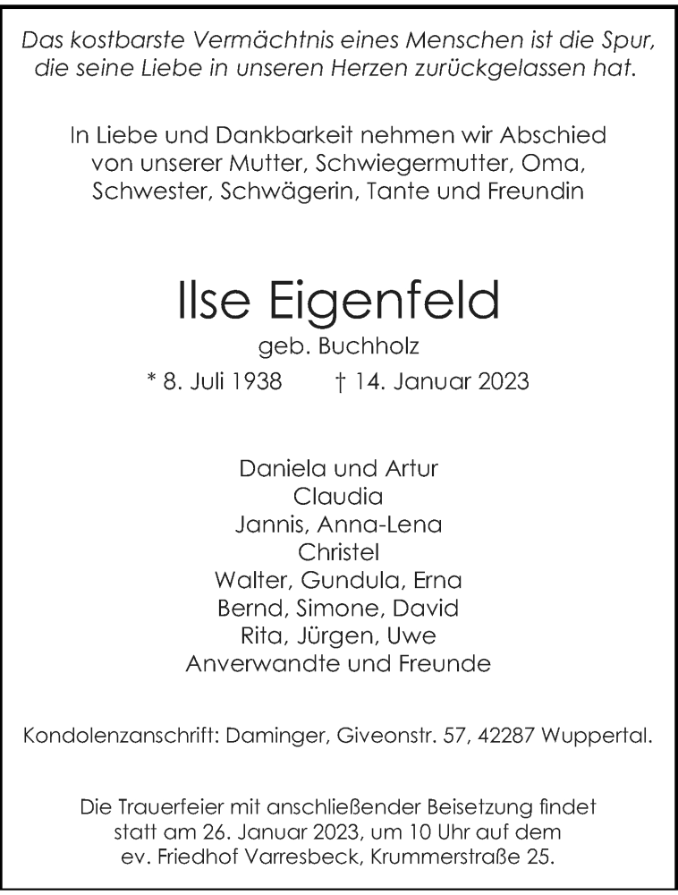  Traueranzeige für Ilse Eigenfeld vom 21.01.2023 aus trauer.wuppertaler-rundschau.de