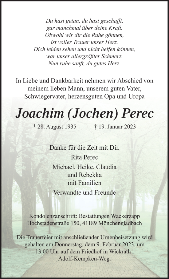 Traueranzeige von Joachim Perec von trauer.extra-tipp-moenchengladbach.de