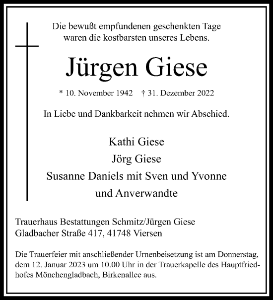 Traueranzeige von Jürgen Giese von trauer.extra-tipp-moenchengladbach.de