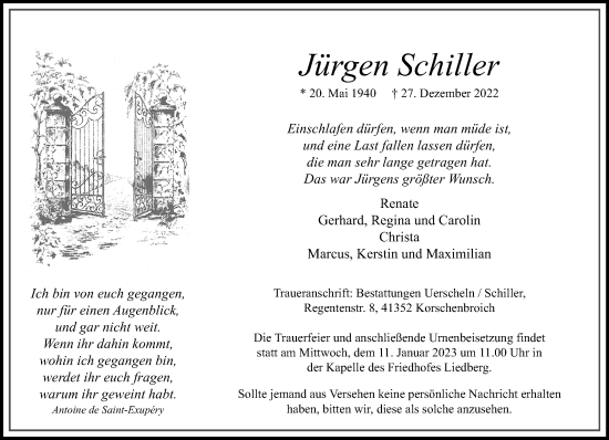 Traueranzeige von Jürgen Schiller von trauer.extra-tipp-moenchengladbach.de