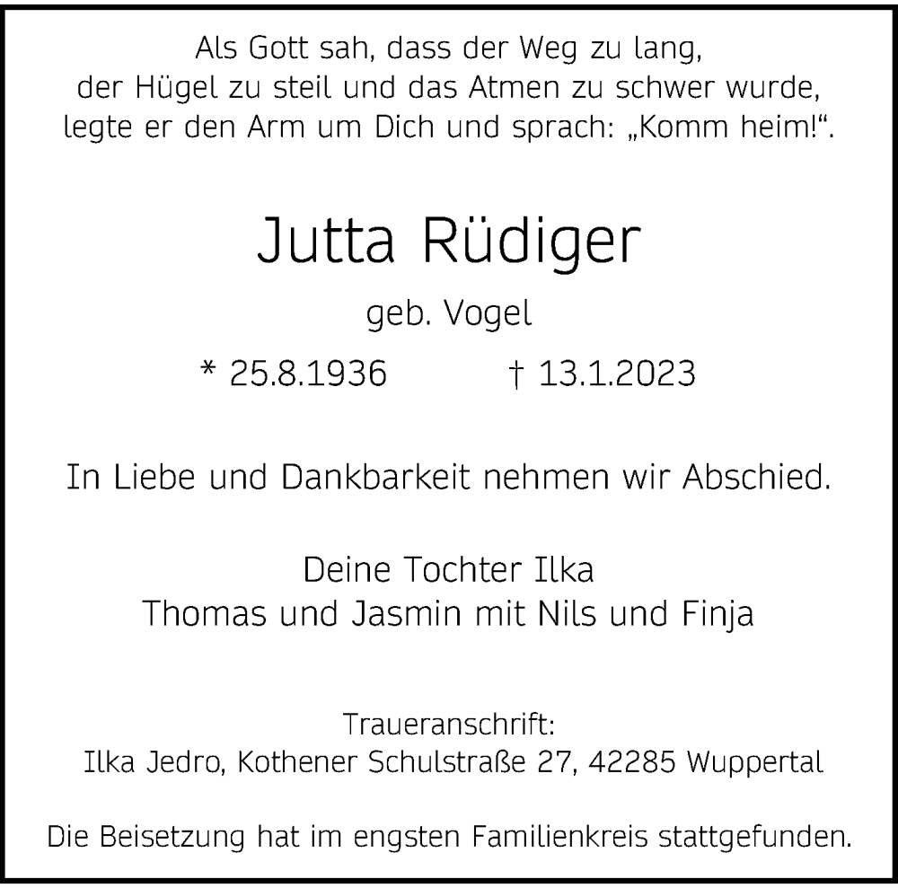  Traueranzeige für Jutta Rüdiger vom 21.01.2023 aus trauer.wuppertaler-rundschau.de