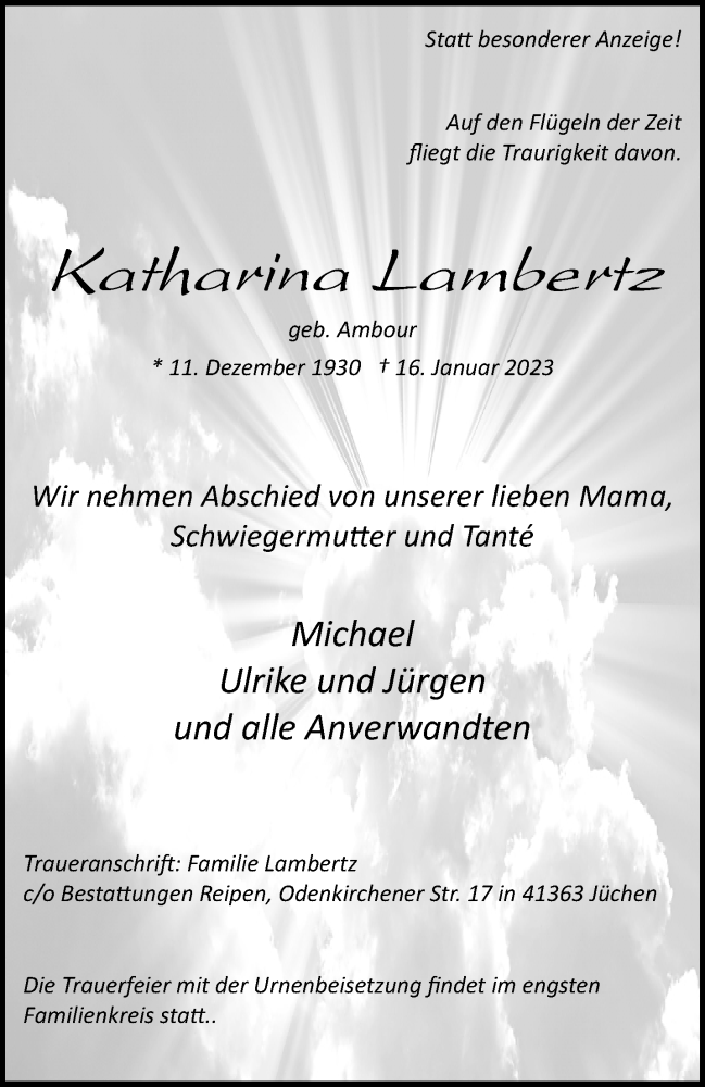  Traueranzeige für Katharina Lambertz vom 22.01.2023 aus trauer.extra-tipp-moenchengladbach.de
