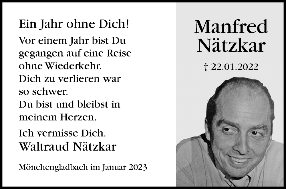  Traueranzeige für Manfred Nätzkar vom 22.01.2023 aus trauer.extra-tipp-moenchengladbach.de