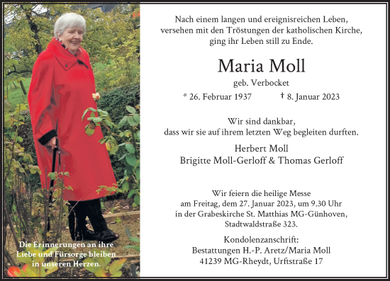 Traueranzeige von Maria Moll von trauer.extra-tipp-moenchengladbach.de