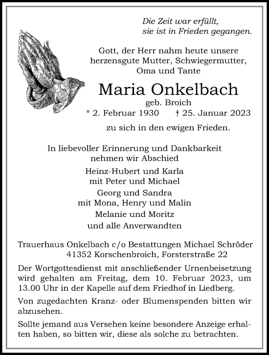 Traueranzeige von Maria Onkelbach von trauer.extra-tipp-moenchengladbach.de