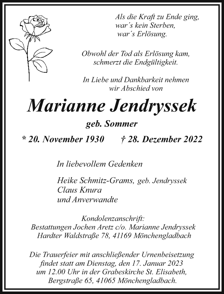  Traueranzeige für Marianne Jendryssek vom 08.01.2023 aus trauer.extra-tipp-moenchengladbach.de