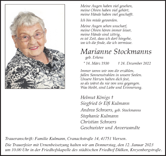 Traueranzeige von Marianne Stockmanns von trauer.extra-tipp-moenchengladbach.de
