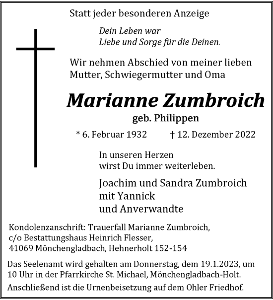 Traueranzeige von Marianne Zumbroich von trauer.extra-tipp-moenchengladbach.de