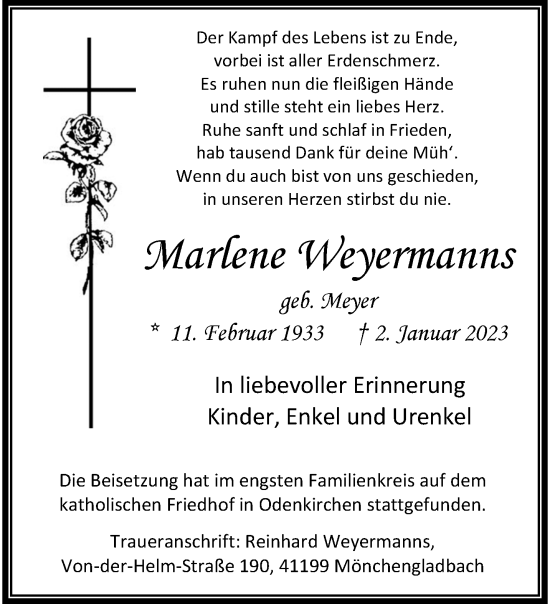 Traueranzeige von Marlene Weyermanns von trauer.extra-tipp-moenchengladbach.de