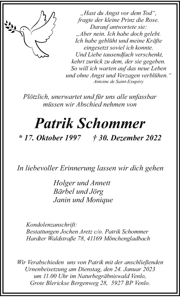 Traueranzeige für Patrik Schommer vom 08.01.2023 aus trauer.extra-tipp-moenchengladbach.de