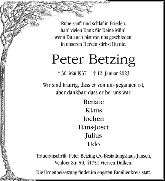 Traueranzeige von Peter Betzing von trauer.extra-tipp-moenchengladbach.de