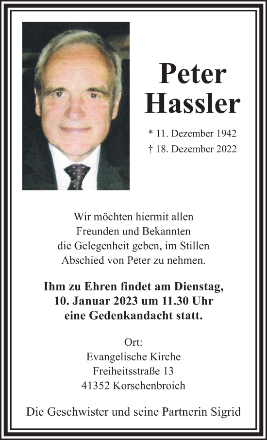 Traueranzeige von Peter Hassler von trauer.extra-tipp-moenchengladbach.de