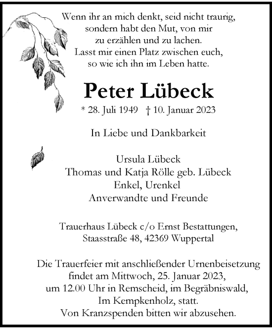 Traueranzeige von Peter Lübeck von trauer.wuppertaler-rundschau.de