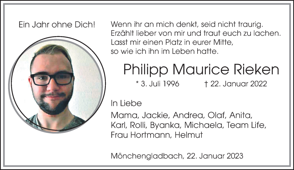  Traueranzeige für Philipp Maurice Rieken vom 22.01.2023 aus trauer.extra-tipp-moenchengladbach.de