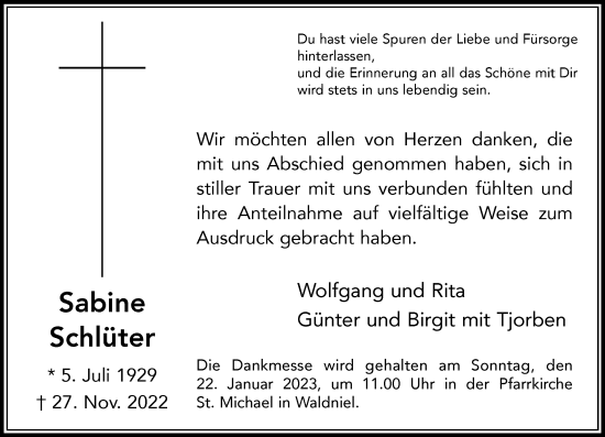 Traueranzeige von Sabine Schlüter von trauer.extra-tipp-moenchengladbach.de