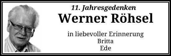 Traueranzeige von Werner Röhsel von trauer.wuppertaler-rundschau.de