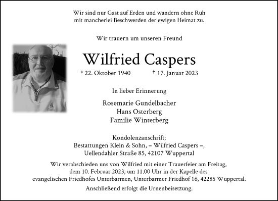 Traueranzeige von Wilfried Caspers von trauer.wuppertaler-rundschau.de