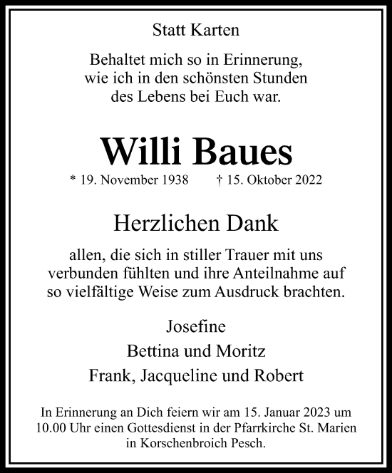 Traueranzeige von Willi Baues von trauer.extra-tipp-moenchengladbach.de