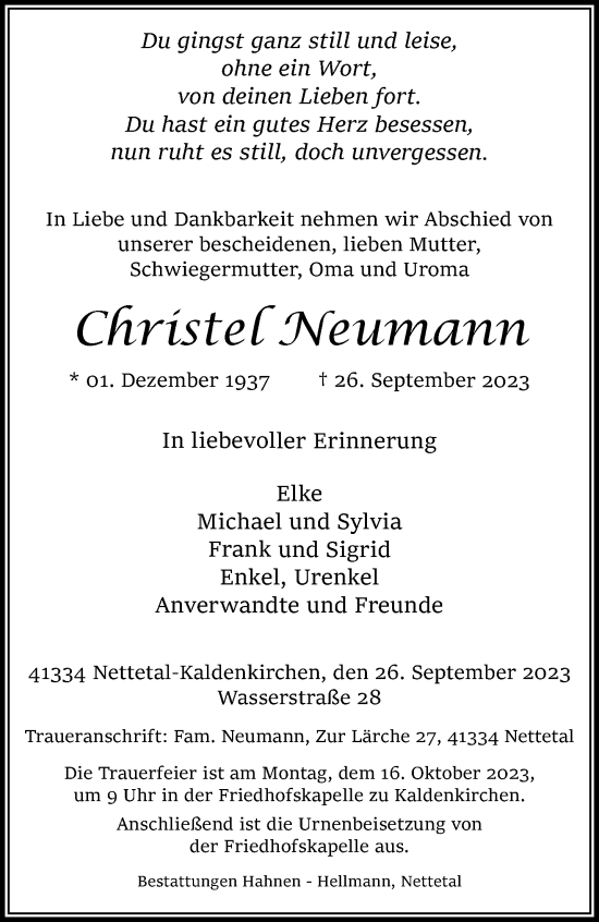 Traueranzeige von Christel Neumann von trauer.extra-tipp-moenchengladbach.de