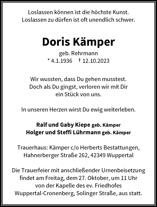 Traueranzeige von Doris Kämper von trauer.wuppertaler-rundschau.de