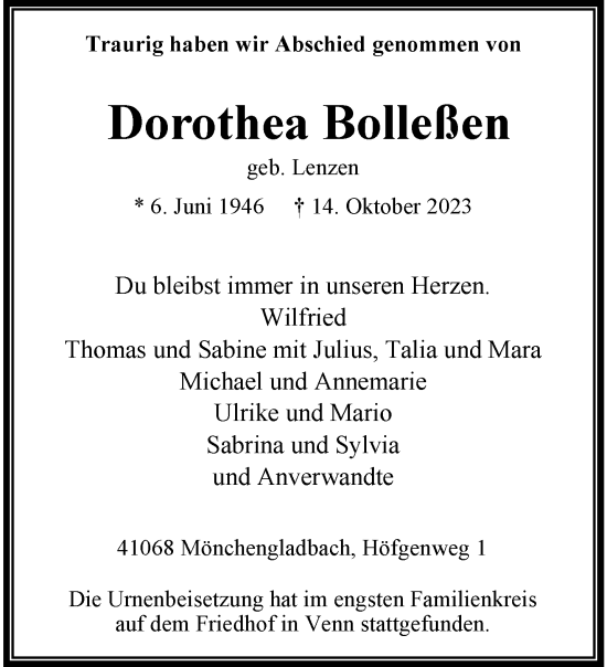 Traueranzeige von Dorothea Bolleßen von trauer.extra-tipp-moenchengladbach.de