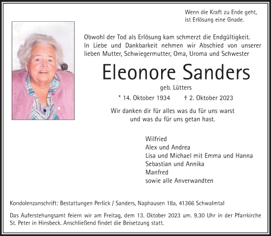 Traueranzeige von Eleonore Sanders von trauer.extra-tipp-moenchengladbach.de